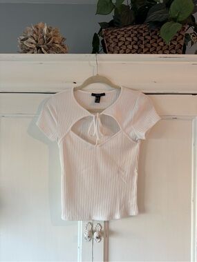 Forever 21 White Ribbed Tie-Front Cutout Top